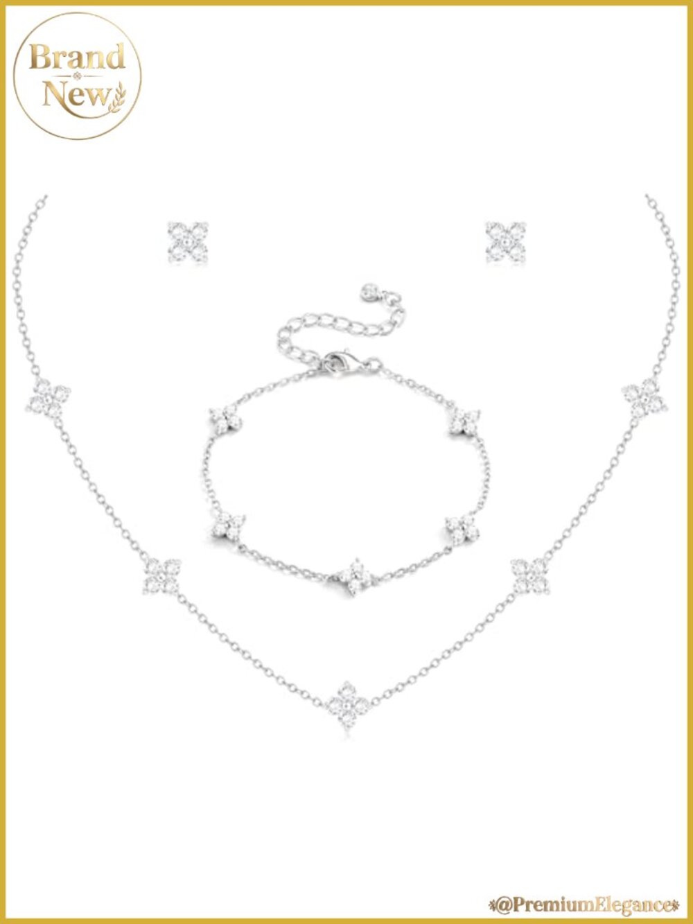 Dainty Silver Plated Jewelry Set for Women Necklace Bracelet Earrings Clover